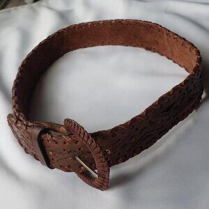Vintage Brown Handcrafted Leather Belt With Intricate Stitching & Braided Buckle